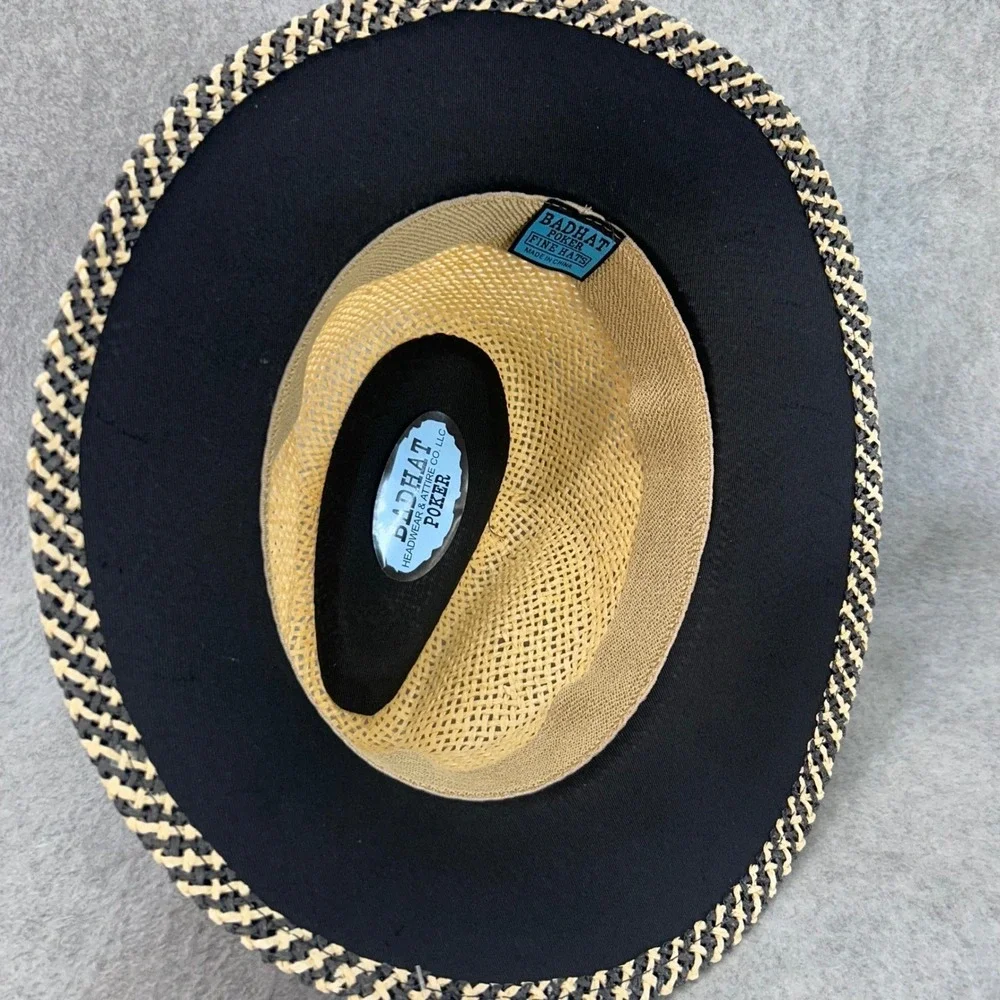 Two-Tone Patterned Mens Tan Bad Hat Poker Woven Straw Fedora Hat 24.5in OS